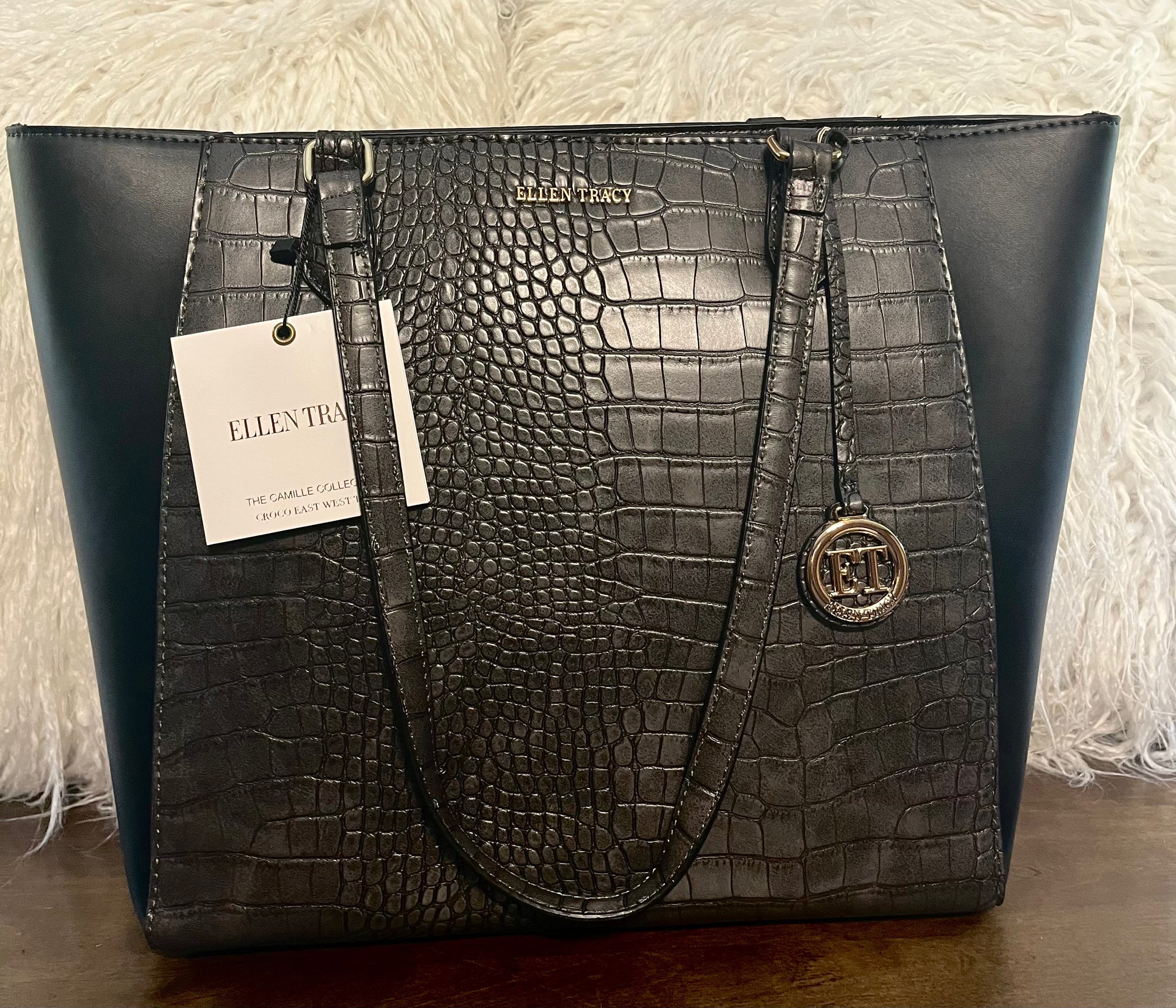 "ELLEN'S CROCO TOTE" OFF BLACK