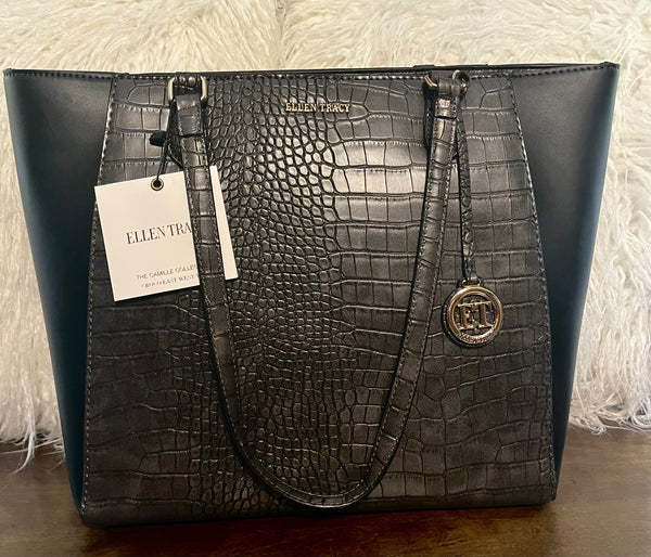 "ELLEN'S CROCO TOTE" OFF BLACK