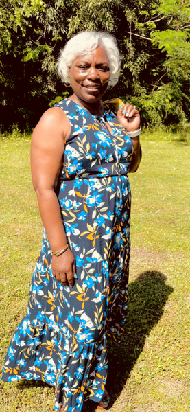“SELF TIE MAXI DRESS”, ROYAL FLORALS